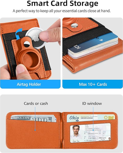 ExtreLife For Magsafe Wallet Stand with Airtag Holder, Strongest Magnetic Wallet for iPhone 17/16/15/14/13/12 Series, ID Window, 4 Card Slots, 10 Cards Holder, Vegan Leather, RFID Blocking, Orange