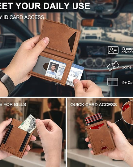 Wallet for Men Wallet with Slim Pop Up Card Holder 9-13 Cards, Bifold Minimalist Smart Wallet RFID Blocking Credit Card Holder with ID Window & Stretchable Cash Slot Compact Metal Aluminum Card Case