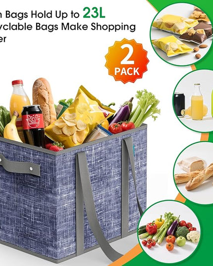 Fab totes Reusable Grocery Bags, Large Foldable Shopping Tote Bags with Reinforced Handles & Hard Bottom,Water Resistant Grocery Bags for kitchen,Picnic,2 Pack,Blue