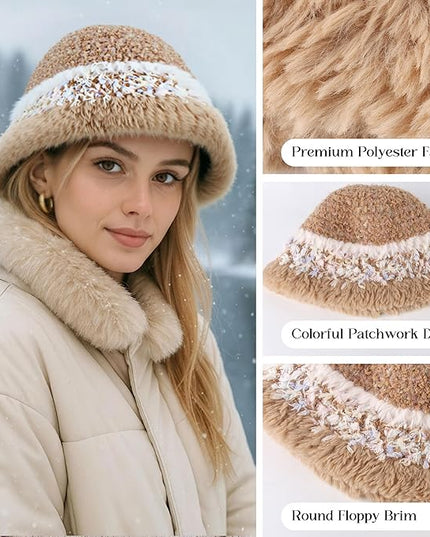 YI HENG MEI Women Knit Bucket Hat, Fluffy Winter Fisherman Hat Fuzzy Soft Warm Beanie Caps Women Cloche Caps Warm Bowler Hats