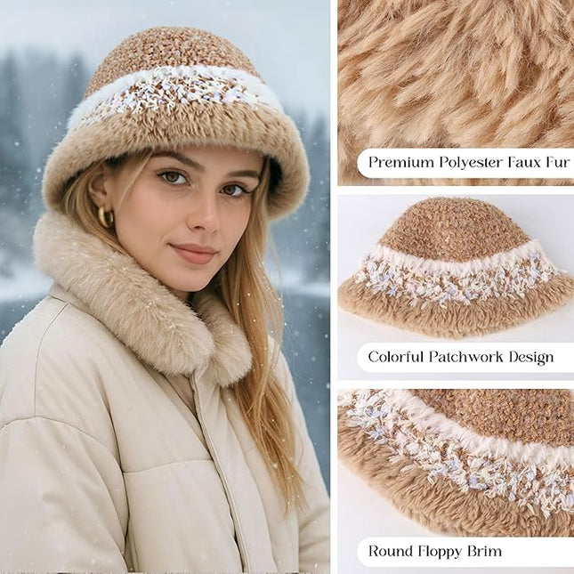 YI HENG MEI Women Knit Bucket Hat, Fluffy Winter Fisherman Hat Fuzzy Soft Warm Beanie Caps Women Cloche Caps Warm Bowler Hats