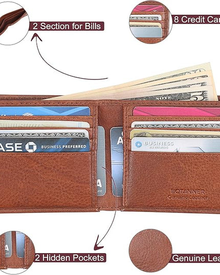 BOTANNER Genuine Leather Men’s Bifold Wallet | RFID Blocking, 8 Card Slots, 2 Bill Sections & 2 Extra Slots | Coffee brown