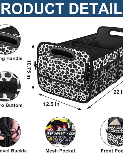Deosk Car Organizer for SUV - 6 Big Pocket Trunk Storage With Waterproof Polyester, Car Accessories for Women/Men, Cow Print (Medium)