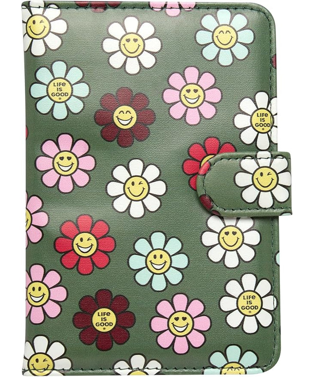 Life is Good Travel Passport Cover - Anti-Theft Passport Holder Wallet with Interior Card Slots, Magnetic Snap Closure, Happy Daisy