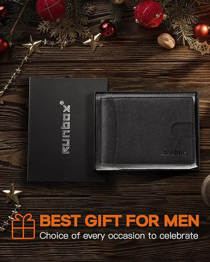 RUNBOX Slim Wallet for Men Genuine Leather RFID Blocking Bifold Minimalist Front Pocket Mens Wallet with Money Clip Thin Gift Box