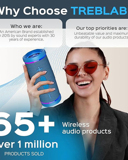 TREBLAB HD77 Bluetooth Speaker, 30W Portable Wireless Speaker with 360° Stereo Sound & Deep Bass, IPX7 Waterproof Outdoor Bluetooth Speaker, 20H Battery, TWS Pairing for Home, Beach, Pool, Camping