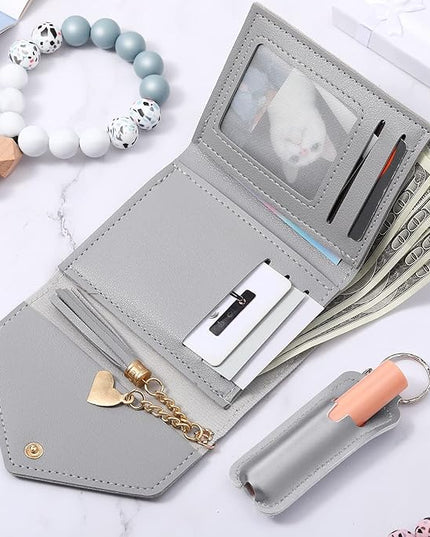 Weewooday Wristlet Bracelet Keychain Wallet Gift for Women Christmas Small Silicone Beaded Keyring Purse Leather Card Holder(Gray)