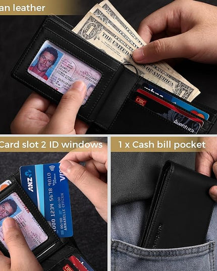 RUNBOX Wallet for Men Bifold RFID Blocking Wallets with 2 ID Window 14 Card Holders 1 cash pocket 1 Gift Box