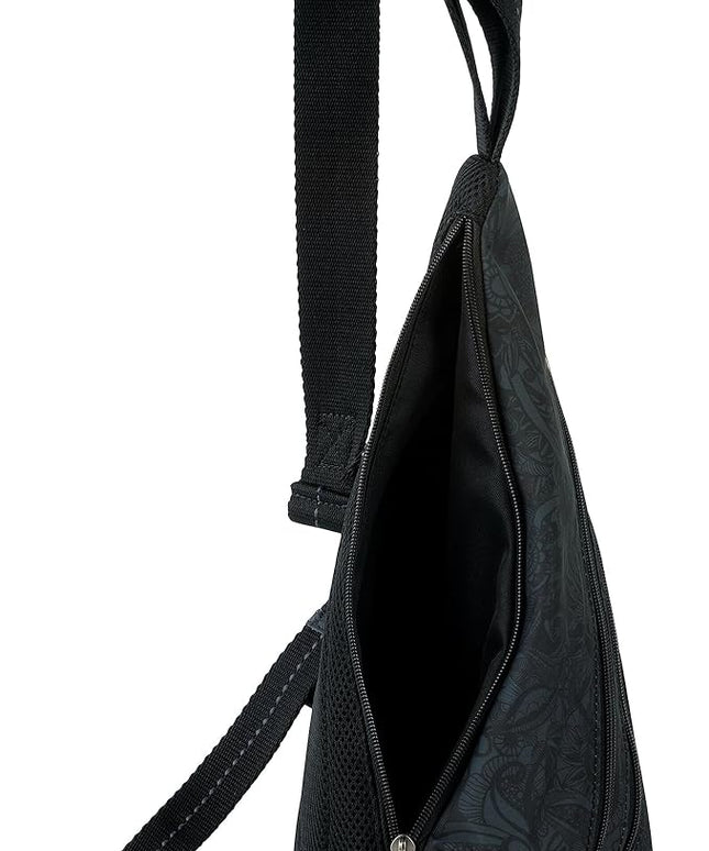 Sakroots On The Go Sling Bag for Women in Eco-Twill, Large Convertible Crossbody Backpack With Main Zipper Closer, Made From Recycled Materials - Black Tonal Spirit Desert