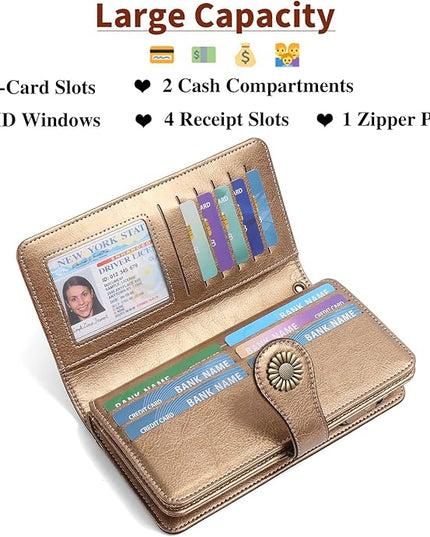 SENDEFN Wallets for Women Leather Credit Card Holder with RFID Blocking Large Capacity Wristlet | with RFID Blocking, Large Capacity, Wristlet, with RFID Blocking, Large Capacity, Wristlet