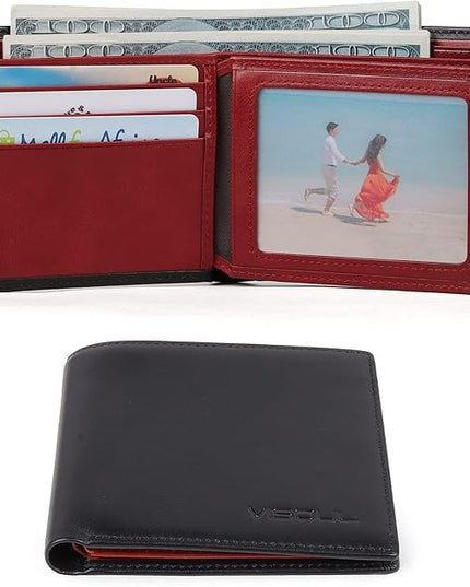 VISOUL Mens Bifold Wallet with 2 ID Windows and 2 Money Compartments, Genuine Leather Designer Wallet with RFID Blocking for Men Two Tone (Black and Burgundy)