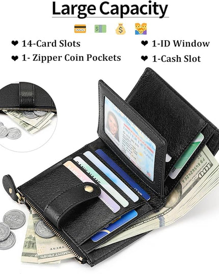 FALAN MULE Small Wallet for Women Leather RFID Blocking Bifold Credit Card Holder with Zipper Coin Pocket