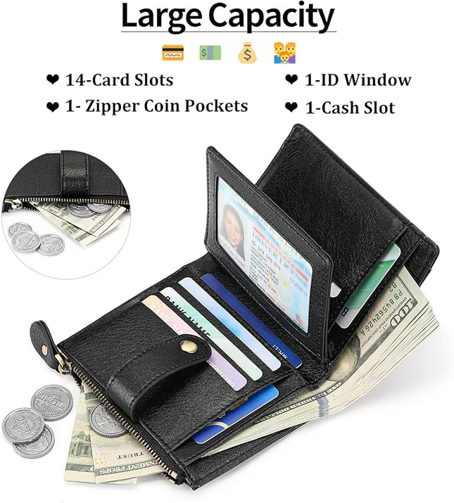 FALAN MULE Small Wallet for Women Leather RFID Blocking Bifold Credit Card Holder with Zipper Coin Pocket