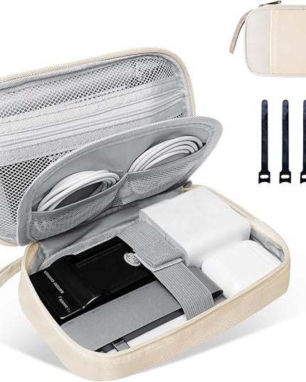 Electronics Travel Organizer,Portable Waterproof Electronic Travel Storage Bag for Small Charging Cord Storage,Charger,Small Electronics,SD Card,with 5 Cable Ties,for Travel,Business-Beige