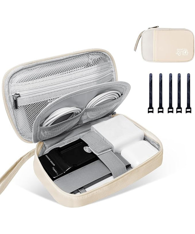 Electronics Travel Organizer,Portable Waterproof Electronic Travel Storage Bag for Small Charging Cord Storage,Charger,Small Electronics,SD Card,with 5 Cable Ties,for Travel,Business-Beige