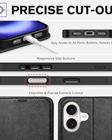 TUCCH Wallet Case for iPhone 16, Kickstand [RFID Blocking] 4 Card Slots [Protective TPU Interior Case], PU Leather Magnetic Shockproof Flip Cover Compatible with iPhone 16, Textured Black