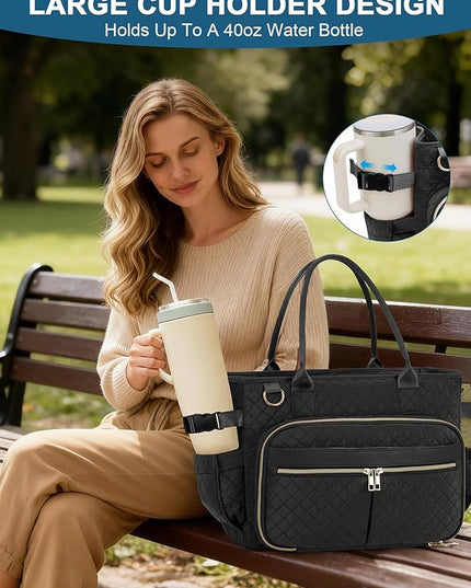 FIORETTO Teacher Tote Bag for Women with Laptop Compartment, Large Cup Holder, Zip Closure, Ideal for Work, Bible, Nurse