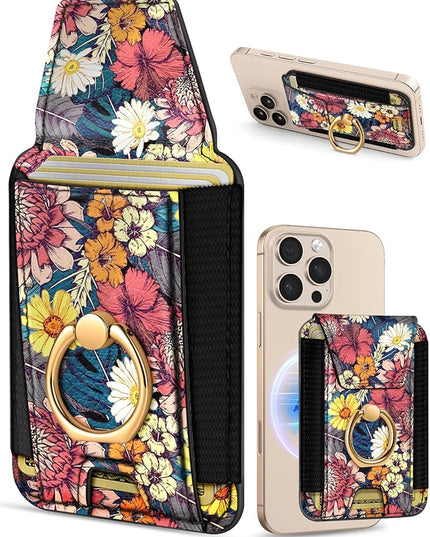 Shorogyt Compatible with Magsafe Wallet with Grip Magnetic Card Holder - Cute Phone Wallets with Ring Stand for iPhone 17/16/15/14/13/12 Series for Women Girls Purple Flower Design, Fit 7 Cards
