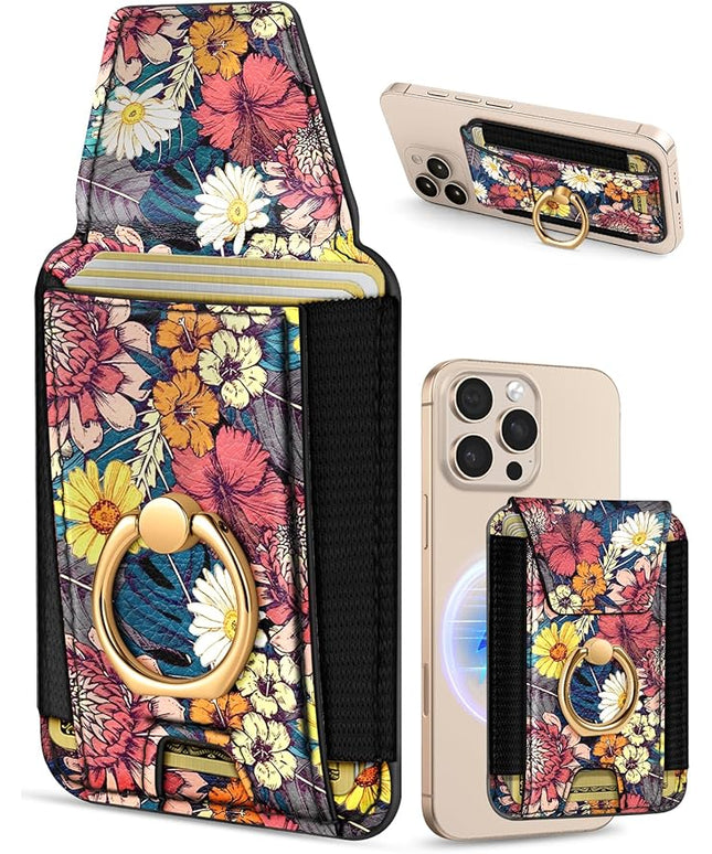 Shorogyt Compatible with Magsafe Wallet with Grip Magnetic Card Holder - Cute Phone Wallets with Ring Stand for iPhone 17/16/15/14/13/12 Series for Women Girls Purple Flower Design, Fit 7 Cards