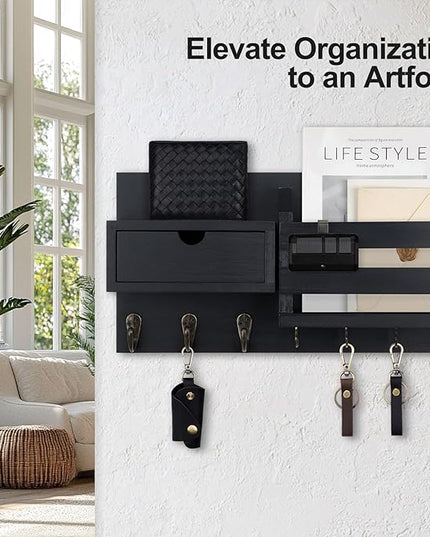 Lwenki Wall Mount Key Holder with Mail Organizer, 100% Paulownia Wood, 7 Metal Hooks, Storage Drawer, Entryway Home Decor (Black)