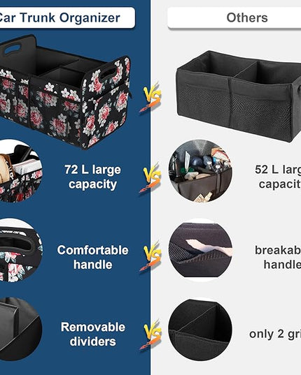 Femuar Car Trunk Organizer,Car Storage Organizer with 72L Large Capacity Waterproof Collapsible and 11 Pockets,Trunk Organizer for Car Suv/Jeep/Sedan, Large Size, Flower