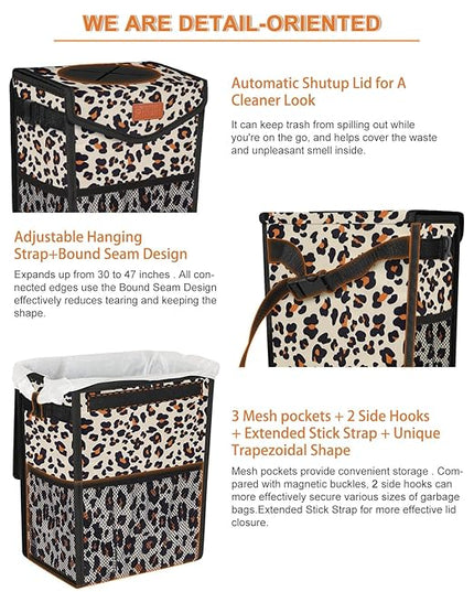 Car Trash Can with Lid, Cute Leakproof Car Trash Garbage Bag Hanging Vehicle Trash Bin Small Portable Automotive Garbage Cans Organizer for Back/Front Seat(Trapezoid,Leopard