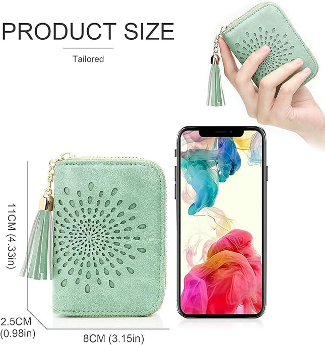 APHISON RFID Credit Card Holder Zipper Card Case Small Wallets for Women Leather Sunflower Style Ladies Girls Credit Card Case 1-Zip Peppermint Mambo Green
