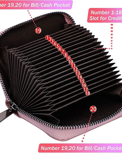 Linno RFID 20 Slots Credit Card Holder Genuine Leather Small Wallet for Women or Men with Zipper