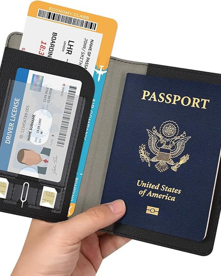 RSAquar Passport Holder for Women and Men, Premium PU Leather Travel Passport Wallet RFID Blocking Passport Cover Travel Documents Organizer (JD-Black)