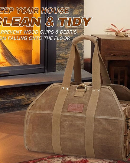 INNO STAGE Canvas Wood Carriers Fire Wood Log Tote Bag, Waxed Canvas Hay Hauling for Fireplace, Round Woodpile Carrying for Tubular Stand by Hearth Stove or Outdoor Camping