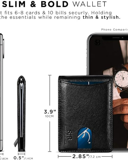 SERMAN BRANDS RFID Blocking Slim Bifold Genuine Leather Minimalist Front Pocket Wallets for Men with Money Clip Thin Mens