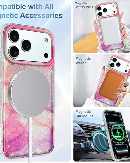 Cute Case for iPhone 17 Pro Max Case for Women Girls [Compatible with Magsafe] Aesthetic Girly Trendy Glitter Sparkly Bling Magnetic Protective Phone Cover, Pink