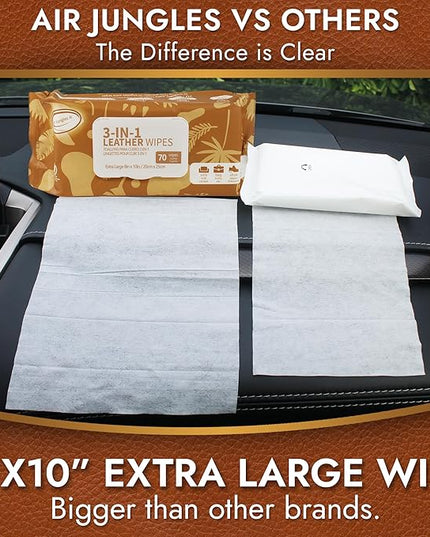 Air Jungles 3in1 Leather Cleaner Wipes 70 Count, Extra Large 8" x 10" Size, Clean Condition Protect Wipes for Vinyl and Leather Apparel Furniture Auto Car Interior Shoes Boots Bags