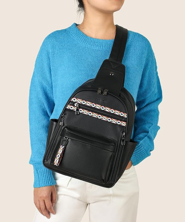 FADEON Large Sling Bag for Women, Leather Crossbody Purse Designer Anti Theft Sling Backpack, RFID Fanny Packs for Travel