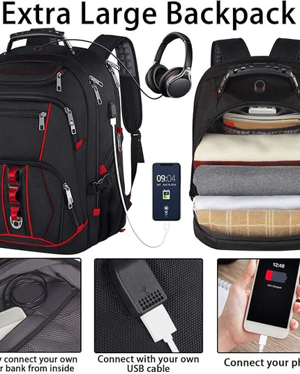 Laptop Backpack, Red, 55L Capacity, TSA Approved, RFID Anti-Theft, USB Charging Port, Headphone Hole, Back Luggage Strap, Chest Strap, Laptop Backpack