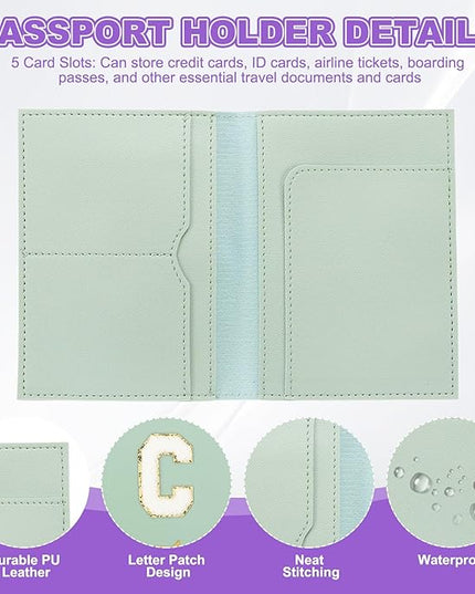 PATIKIL Passport Holder for Travel, Initial Passport Cover and Luggage Tag Set with Alphabet Chenille Letter Patch Travel Wallet Bag Suitcase Identifier for Women Family Travel Green C