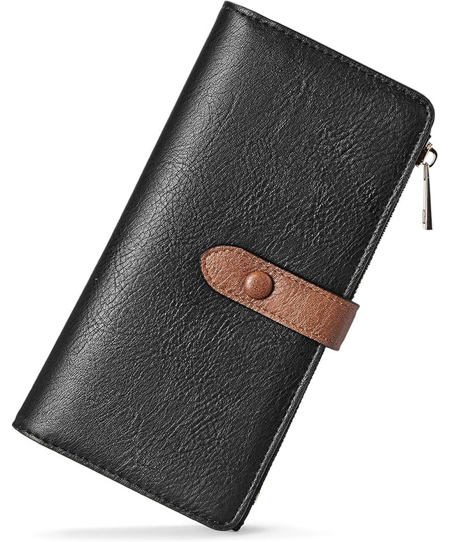 BOSTANTEN Womens Leather Wallets RFID Blocking Large Capacity Trifold Card Holder Ladies Phone Clutch Black＆Brown