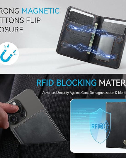 Defencase for Magsafe Wallet Magnetic Card Holder RFID Blocking, PU Leather Minimalist Phone Wallet for MagSafe Phones and Cases for iPhone 17/16/ 15/14/ 13/12/ Pro/Max/Plus/Air, Retro Black