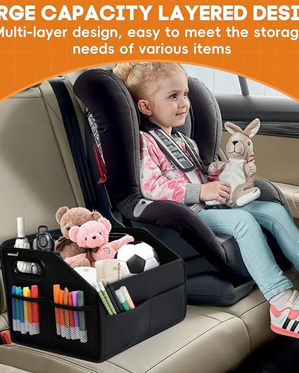 Car Storage Organizer Reinforced Dividable Leather Car Caddy Basket for Front Seat Floor Back Sturdy Frosted Handle 8 Compartments Adjustable Strap Buckles Slip-Resistant for SUV Truck