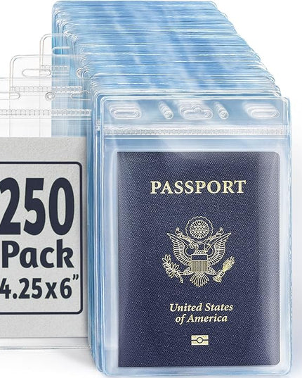 EcoEarth Passport & Identification Card Holders with Soft Edge (Clear, 4x6 Inch, 250 Pack), Extra Large Vertical ID Holder, Zipperless Plastic Name Badge Holders