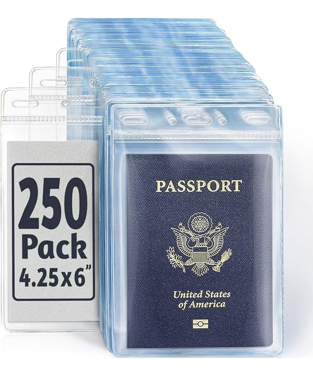 EcoEarth Passport & Identification Card Holders with Soft Edge (Clear, 4x6 Inch, 250 Pack), Extra Large Vertical ID Holder, Zipperless Plastic Name Badge Holders