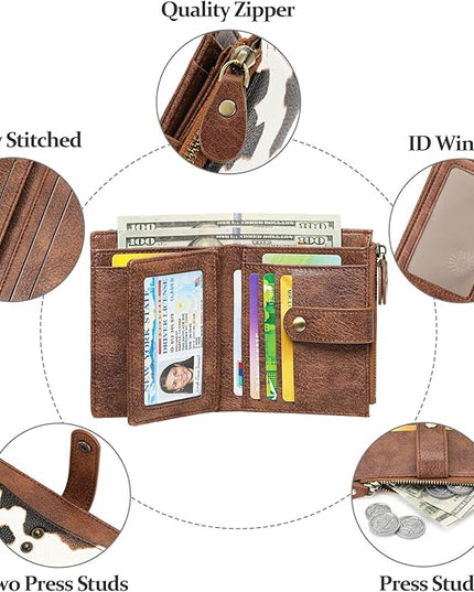 FALAN MULE Small Wallet for Women Leather RFID Blocking Bifold Credit Card Holder with Zipper Coin Pocket
