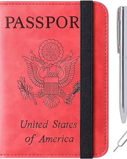 Passport Holder Cover Wallet Travel Essentials Leather Rfid Blocking Case Vacation Luggage Must Haves Travel Accessories for Men Women (116#Red)