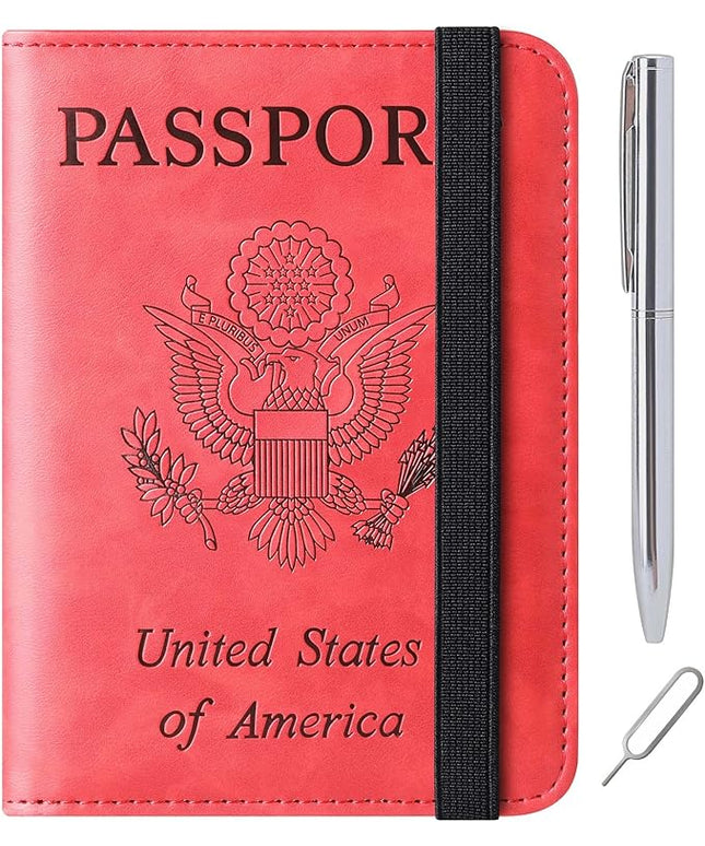 Passport Holder Cover Wallet Travel Essentials Leather Rfid Blocking Case Vacation Luggage Must Haves Travel Accessories for Men Women (116#Red)