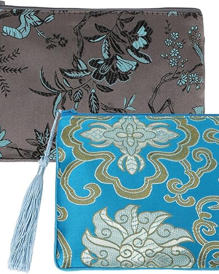 kilofly 2 pc Chinese Silk Brocade Padded Tassel Zipper Jewelry Bag Gift Pouch set2 B
