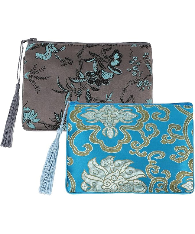 kilofly 2 pc Chinese Silk Brocade Padded Tassel Zipper Jewelry Bag Gift Pouch set2 B
