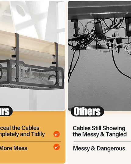 Under Desk Cable Management Tray Black, Cinati Wire Organizers No Drill, Cable Tray with Clamp for Wire Management, Cord Organization Box for Office, Home - No Damage to Desk