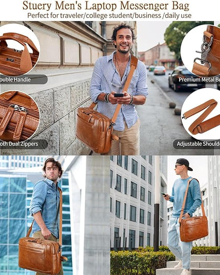 Faux Leather Messenger Bag for Men | 17-17.3 Inch Leather Mens Laptop Bag Leather Briefcasen Convertible Backpack 3 in 1 Computer Handbags Work Bag Shoulder Crossbody Bag Office | Vintage Brown