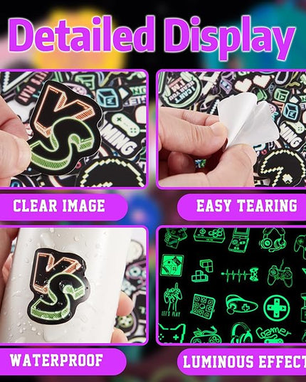 75 Pcs Glow in The Dark Neon Gamer Gamepad Kids Stickers, Game Controller Joystick Video Gaming Sticker for Water Bottle, Waterproof Decals for Teens Girls Boys Students Adults
