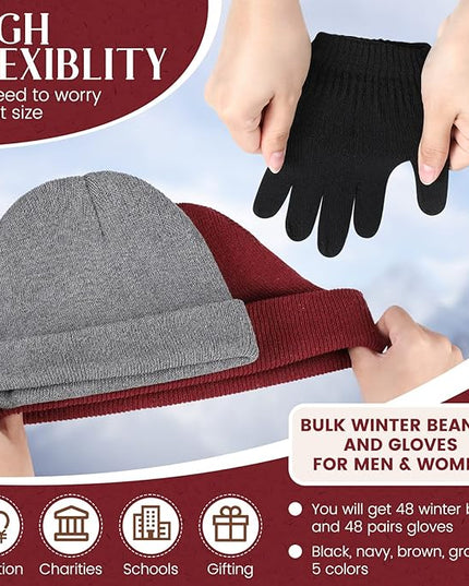 Tarpop 96 Pcs Winter Beanies and Gloves Bulk, Cold Weather Unisex Winter Hat and Gloves for Homeless Men Women